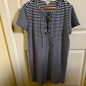 J Crew navy and white stripe, lace up dress.
